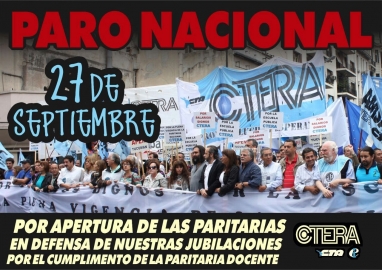 Martes 27 de septiembre: paro nacional docente de CTERA