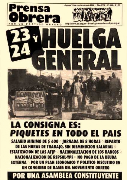 Huelga general de trabajadores de 36 horas contra el gobierno neoliberal de De la Rúa